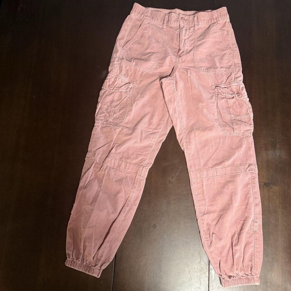 American Eagle Baggy Corduroy Cargo Pants Womens 4R Pink Tapered Leg Hiking FLAW
